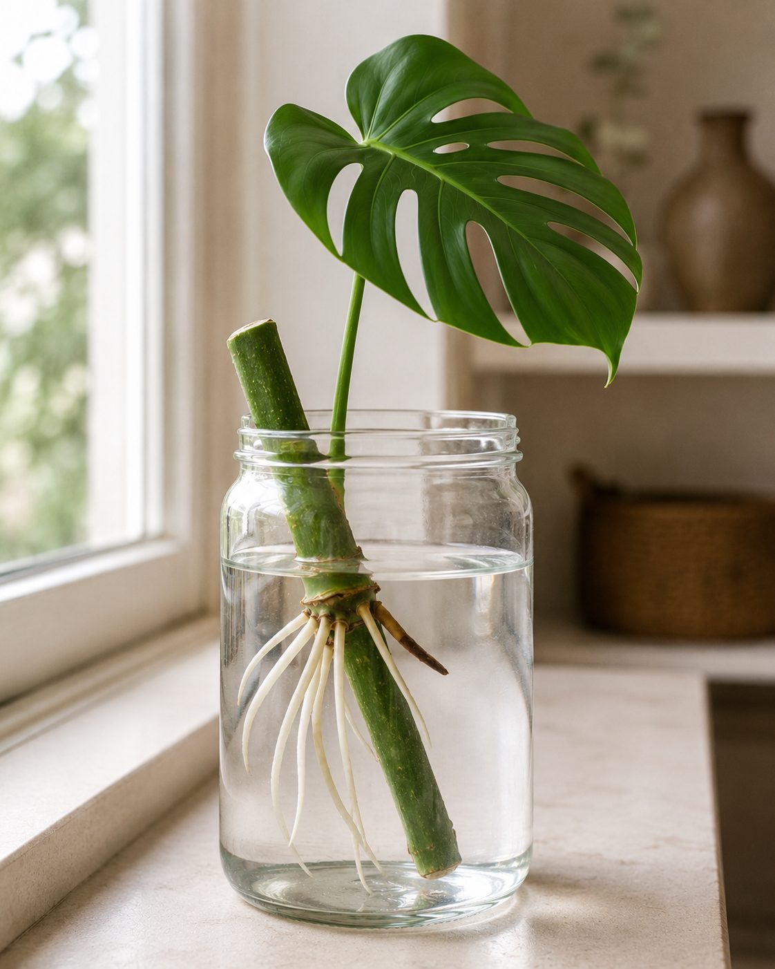 Esqueje de monstera enraizando en agua con el nudo visible
