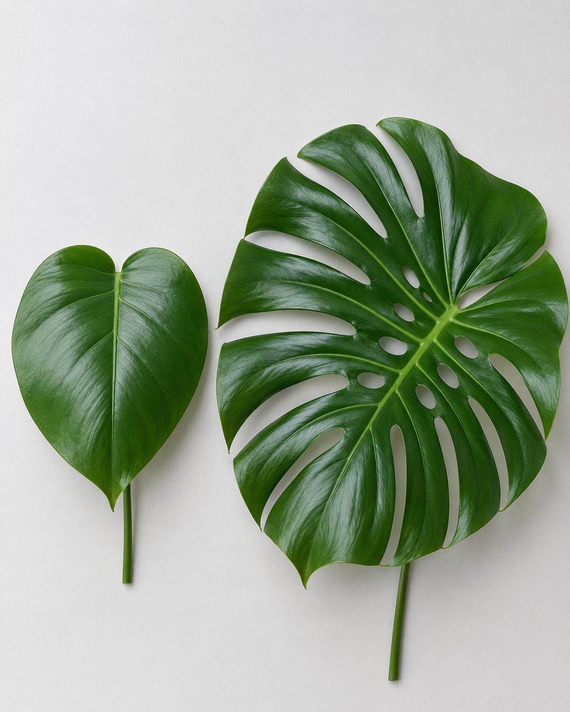 Hoja joven de monstera sin agujeros junto a una hoja madura con fenestraciones