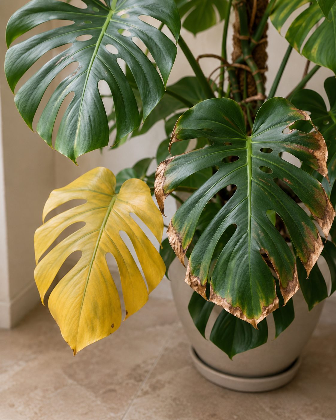 Hoja de monstera amarilla y puntas marrones secas por exceso de riego y aire seco