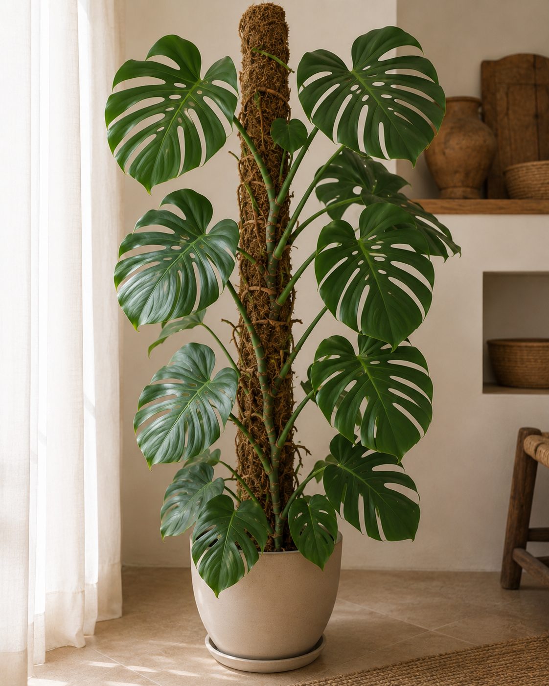 Monstera trepando un tutor de musgo agarrada por sus raíces aéreas