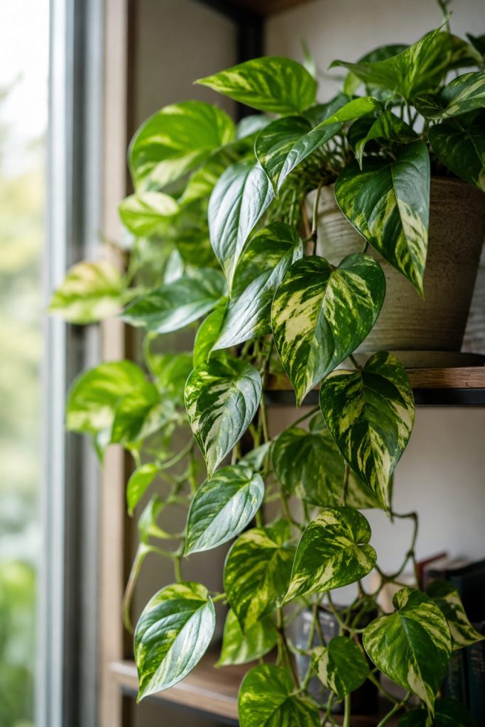 Poto sano y frondoso de hojas verdes y amarillas, colgando de una estantería junto a una ventana