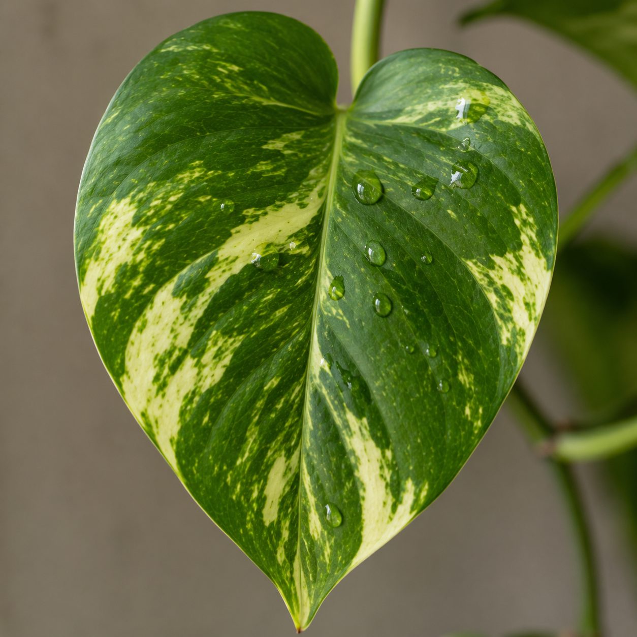 Hoja de poto vista de cerca, con su veteado verde y amarillo
