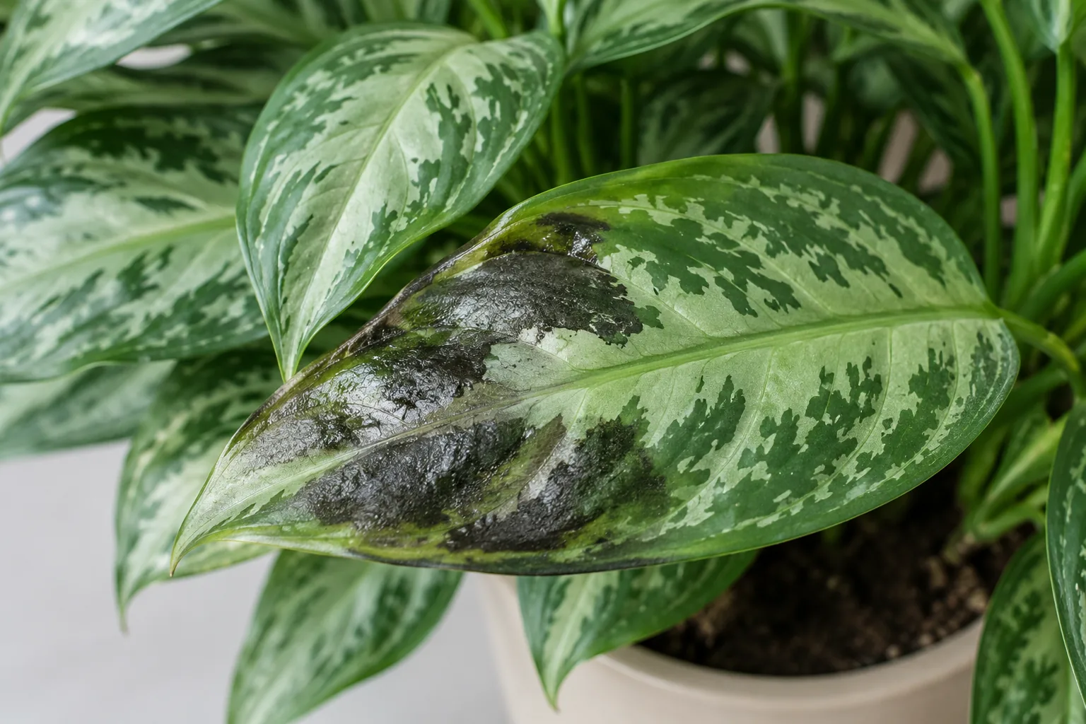 Hoja de aglaonema con manchas grises y aceitosas por daño de frío