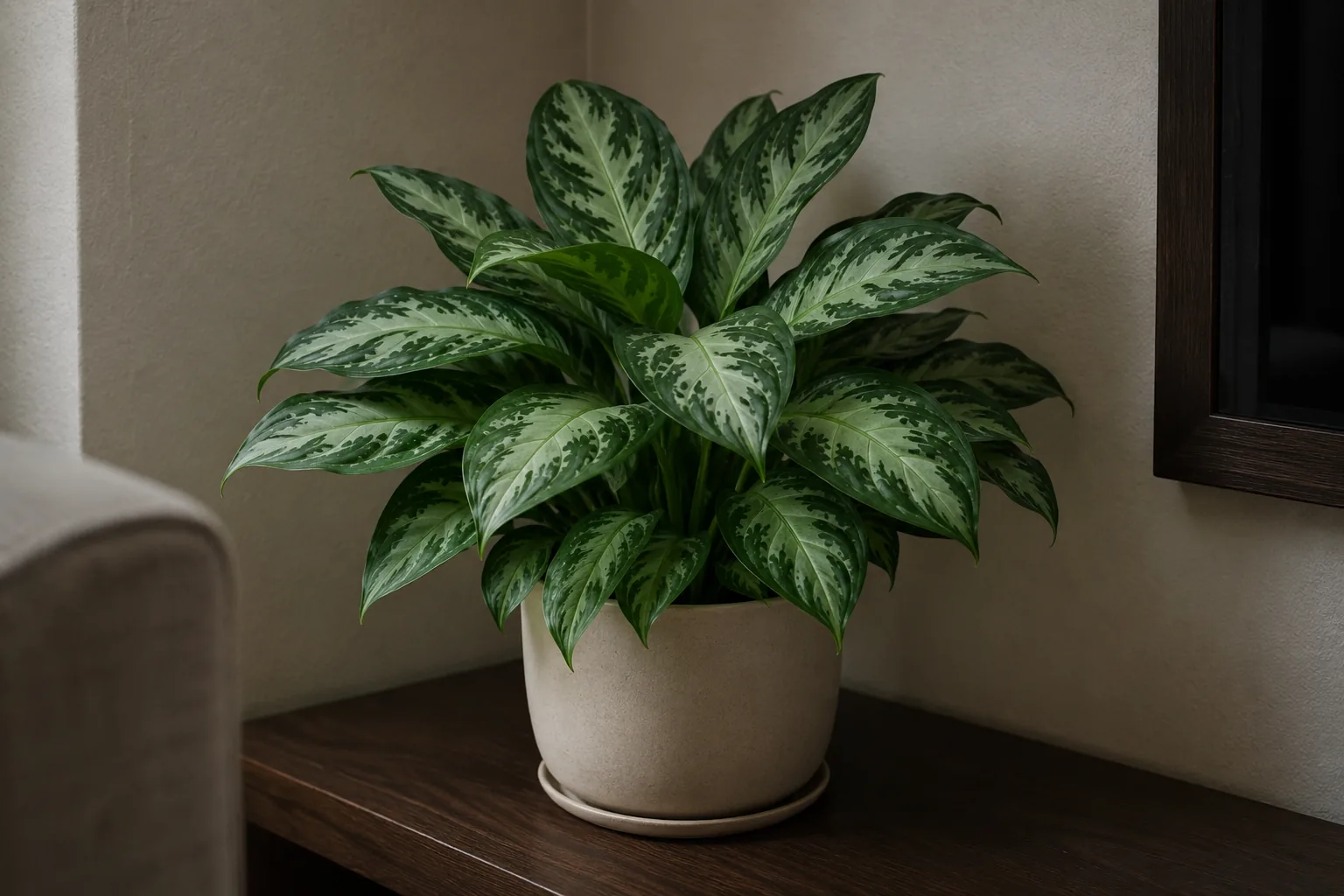Aglaonema en un rincón de poca luz junto a una pared, lejos de la ventana