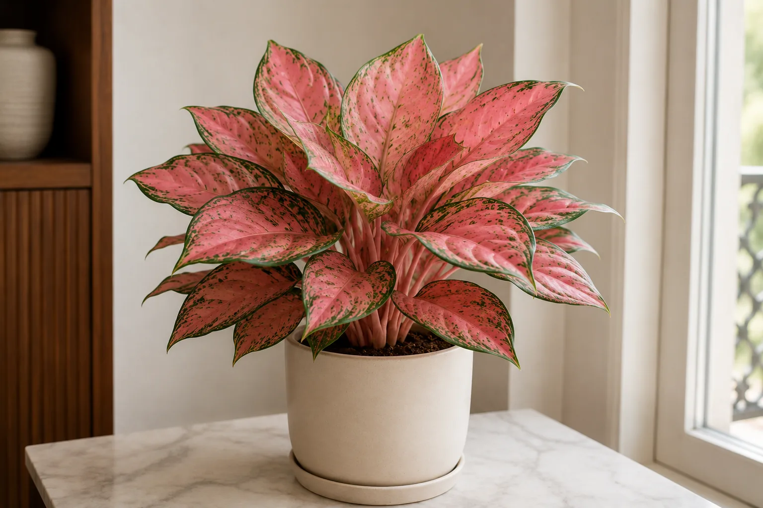 Aglaonema rosa 'Lady Valentine' con las hojas teñidas de rosa junto a una ventana
