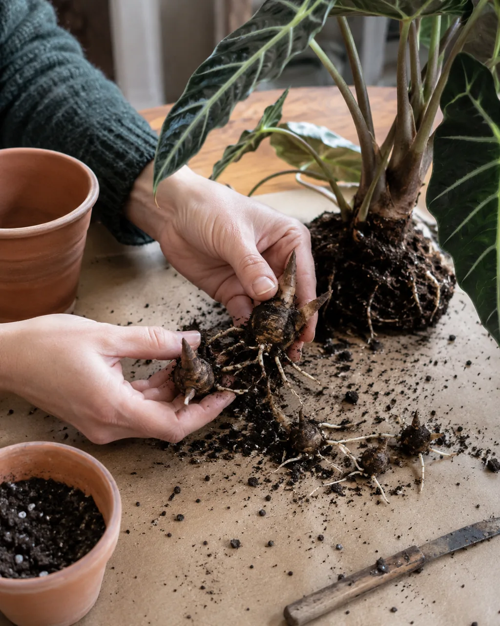 Manos separando los hijuelos del cormo de una alocasia al trasplantar