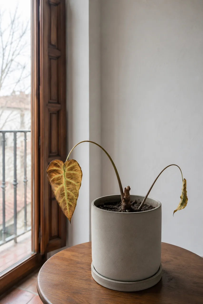 Alocasia sin apenas hojas en invierno, en reposo, solo un tallo en la maceta