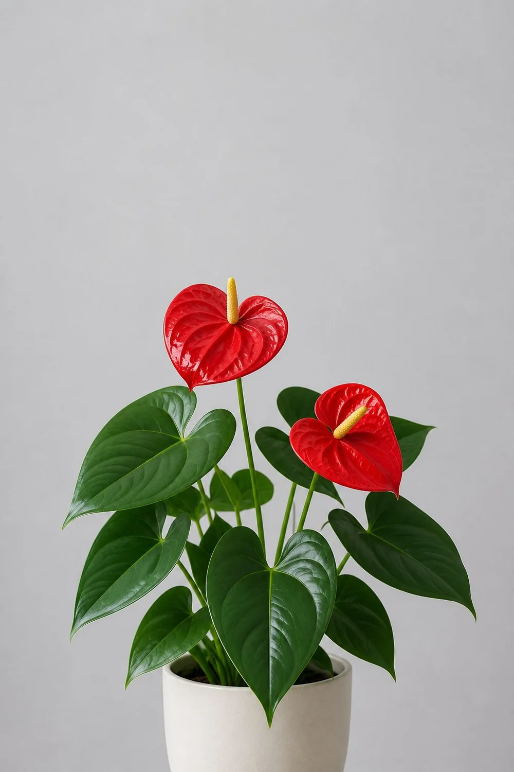 Anturio rojo (Anthurium andraeanum) sano en maceta, con la espata roja y el espádice amarillo.