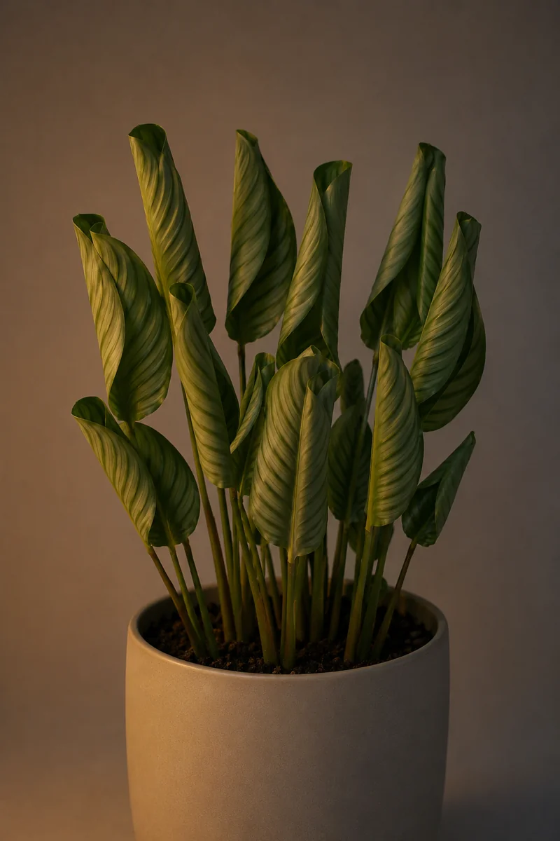 Hojas de calathea plegadas y levantadas al anochecer, el movimiento de la planta que reza