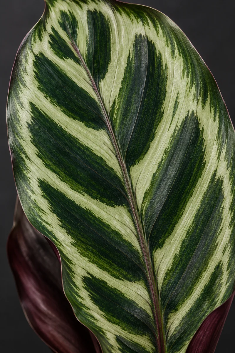 Detalle del patrón de pluma de pavo real de una hoja de Calathea makoyana