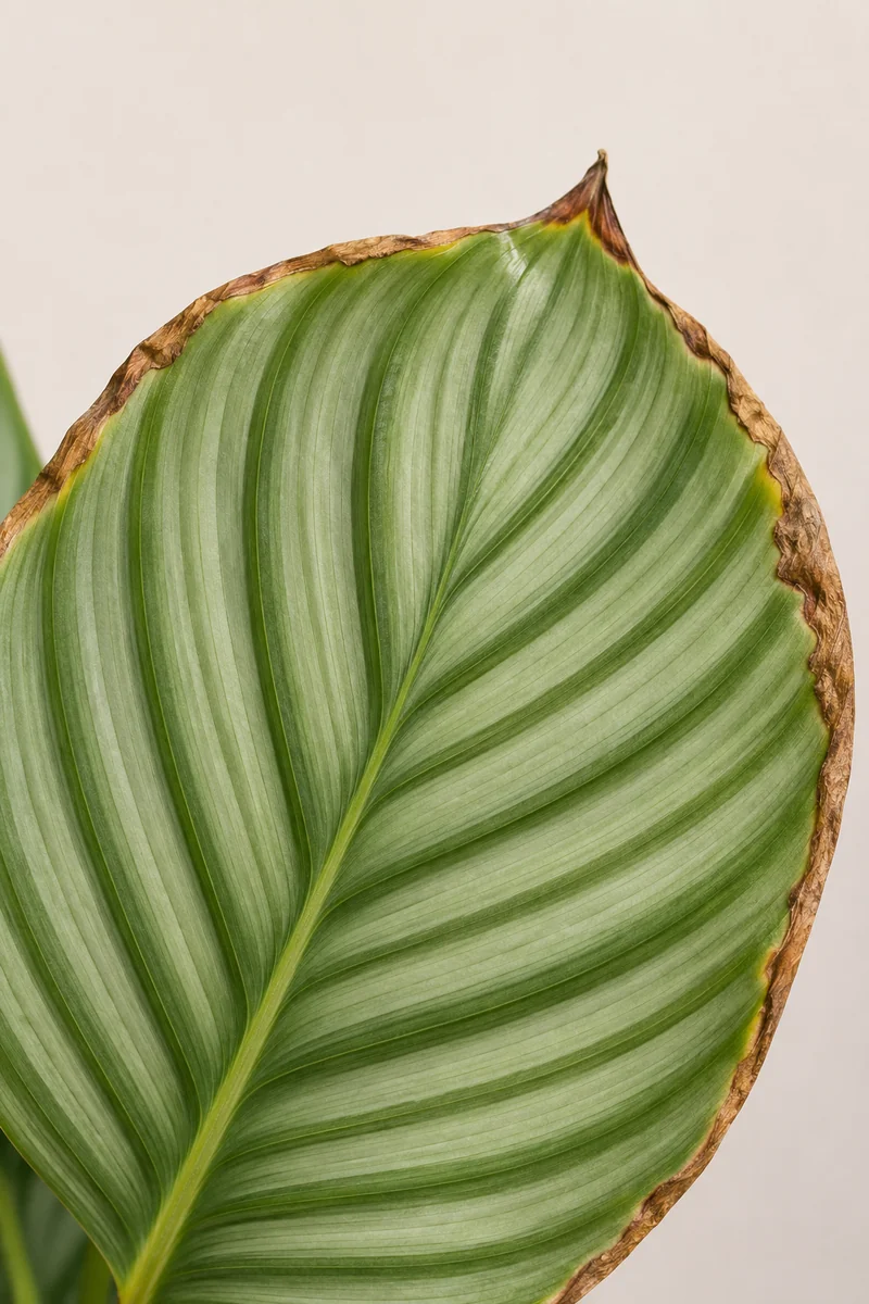 Hoja de calathea con los bordes y la punta marrones y secos por agua dura y aire seco