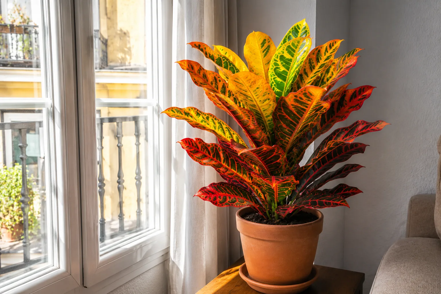 Croton con color intenso en sus hojas junto a una ventana luminosa