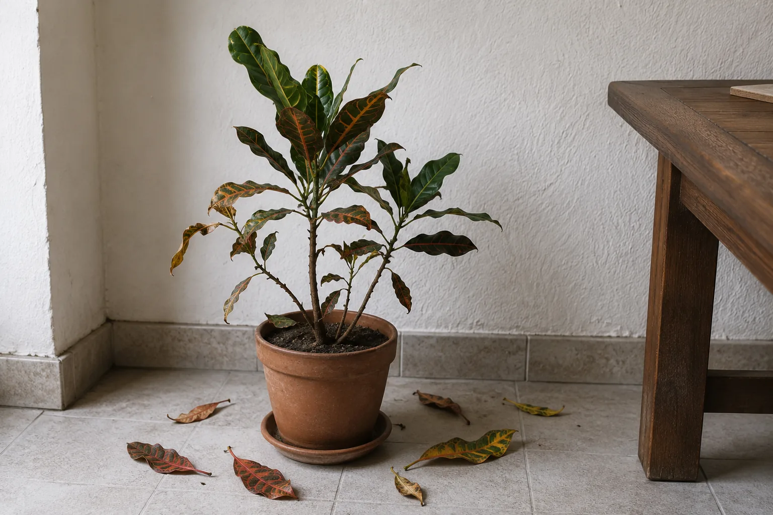 Croton que ha perdido hojas por estrés, con hojas caídas alrededor de la maceta