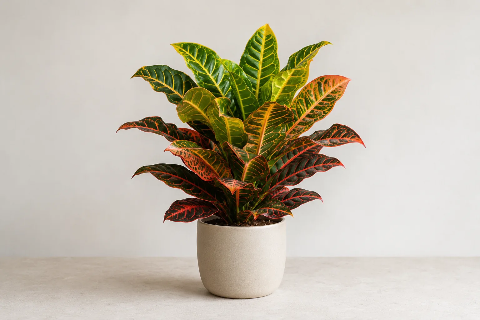 Croton Petra con hojas variegadas en verde, amarillo y rojo sobre fondo neutro