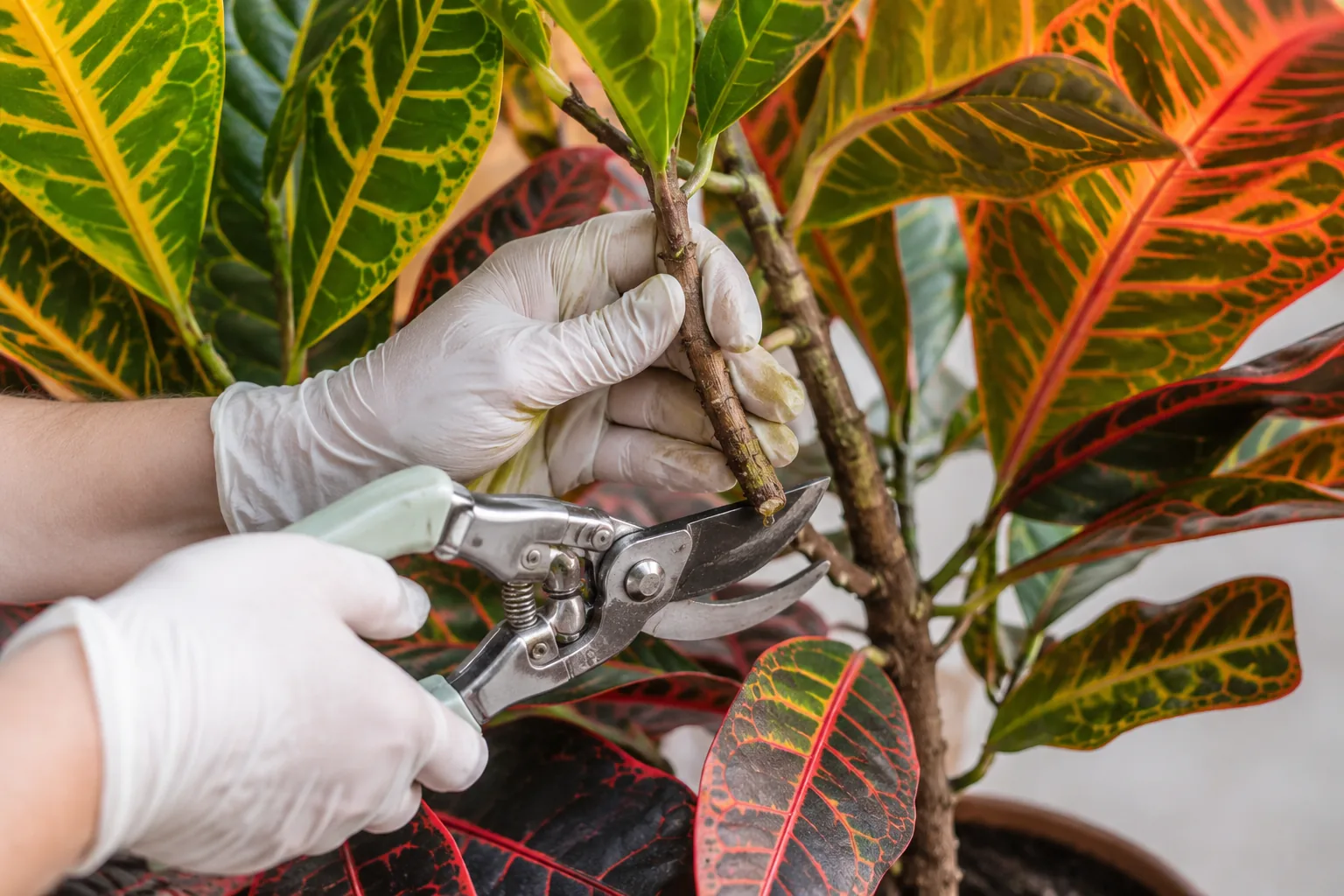 Manos con guantes podando un croton, con una gota de savia en el corte
