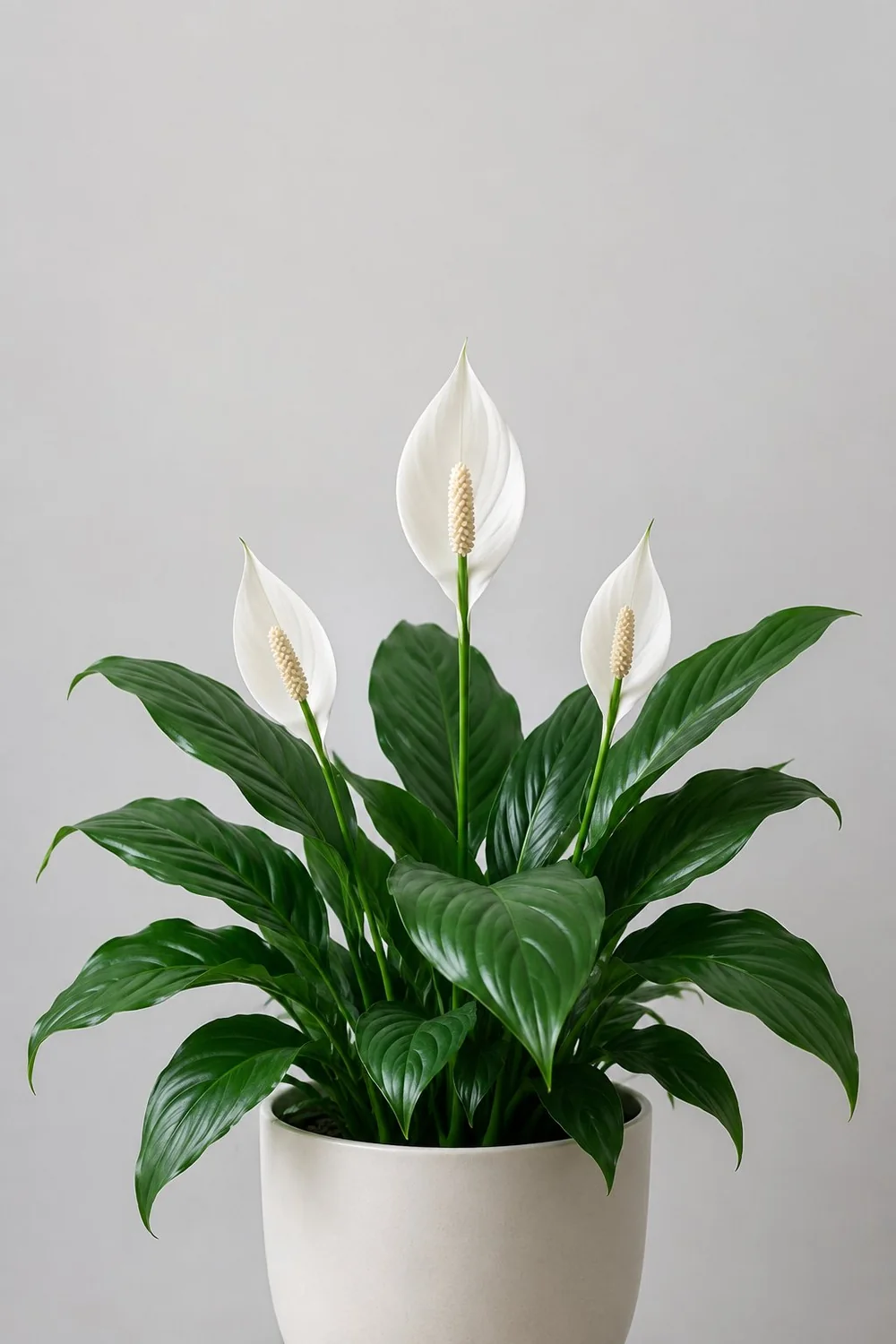 Espatifilo (Spathiphyllum) con su espata blanca y hojas verdes brillantes