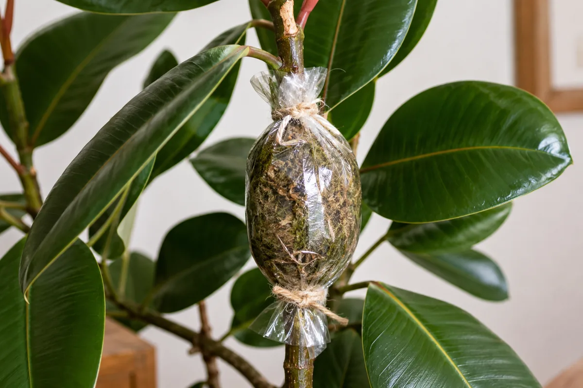 Acodo aéreo en el tallo de un ficus elástica para multiplicarlo