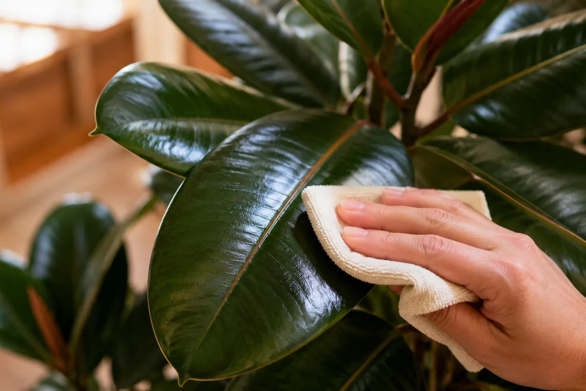 Limpiando el polvo de una hoja de ficus elástica con un paño