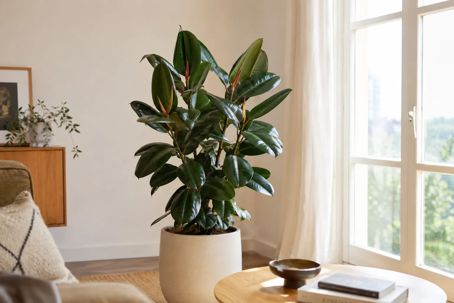 Ficus elástica (gomero) junto a una ventana luminosa de un salón