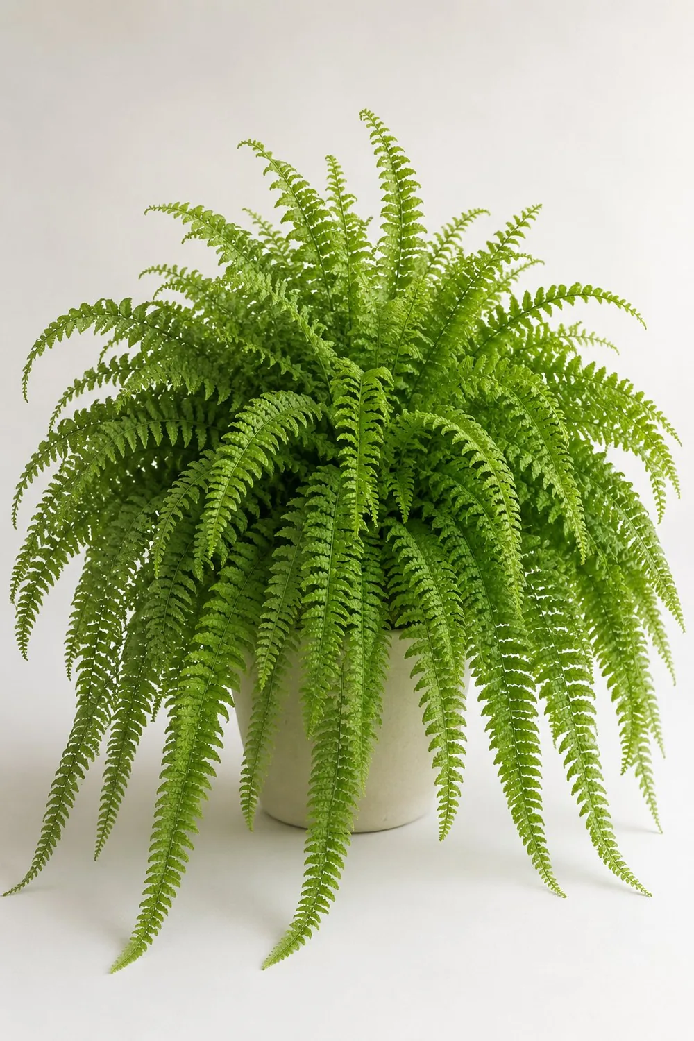 Helecho de Boston (Nephrolepis exaltata) sano y frondoso con los frondes arqueados en cascada