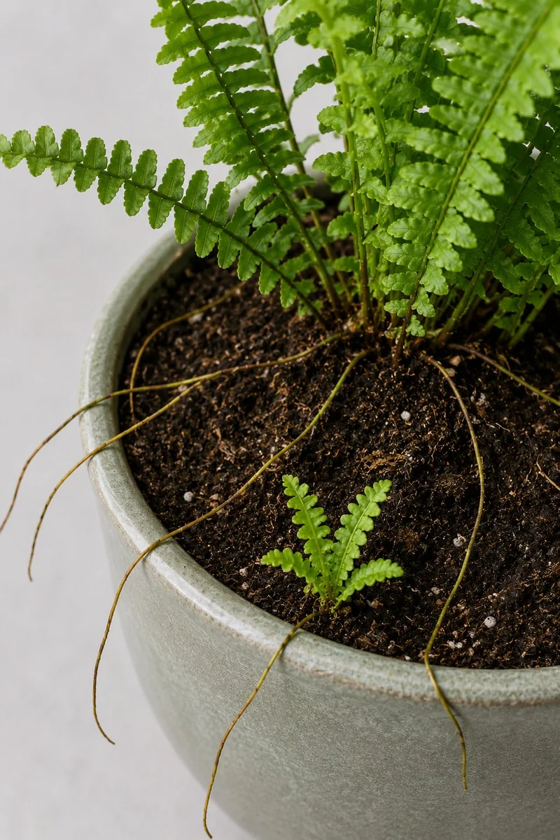 Estolón del helecho de Boston con una plantita nueva brotando en la punta