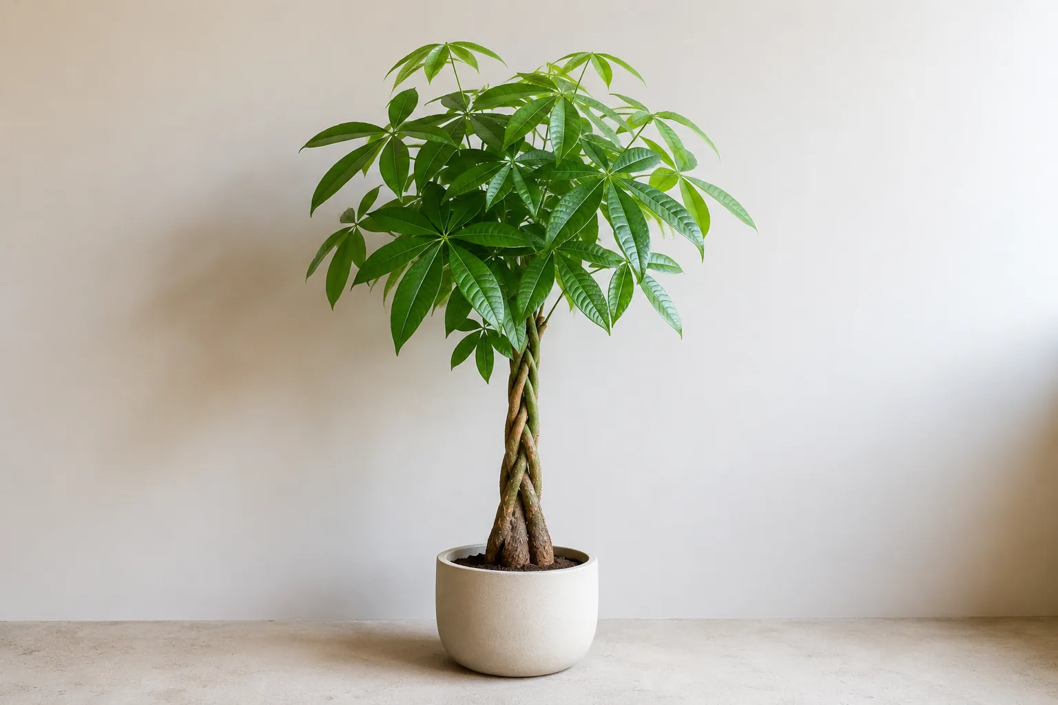 Pachira o árbol del dinero sana con el tronco trenzado y hojas palmeadas en una maceta sobre fondo neutro