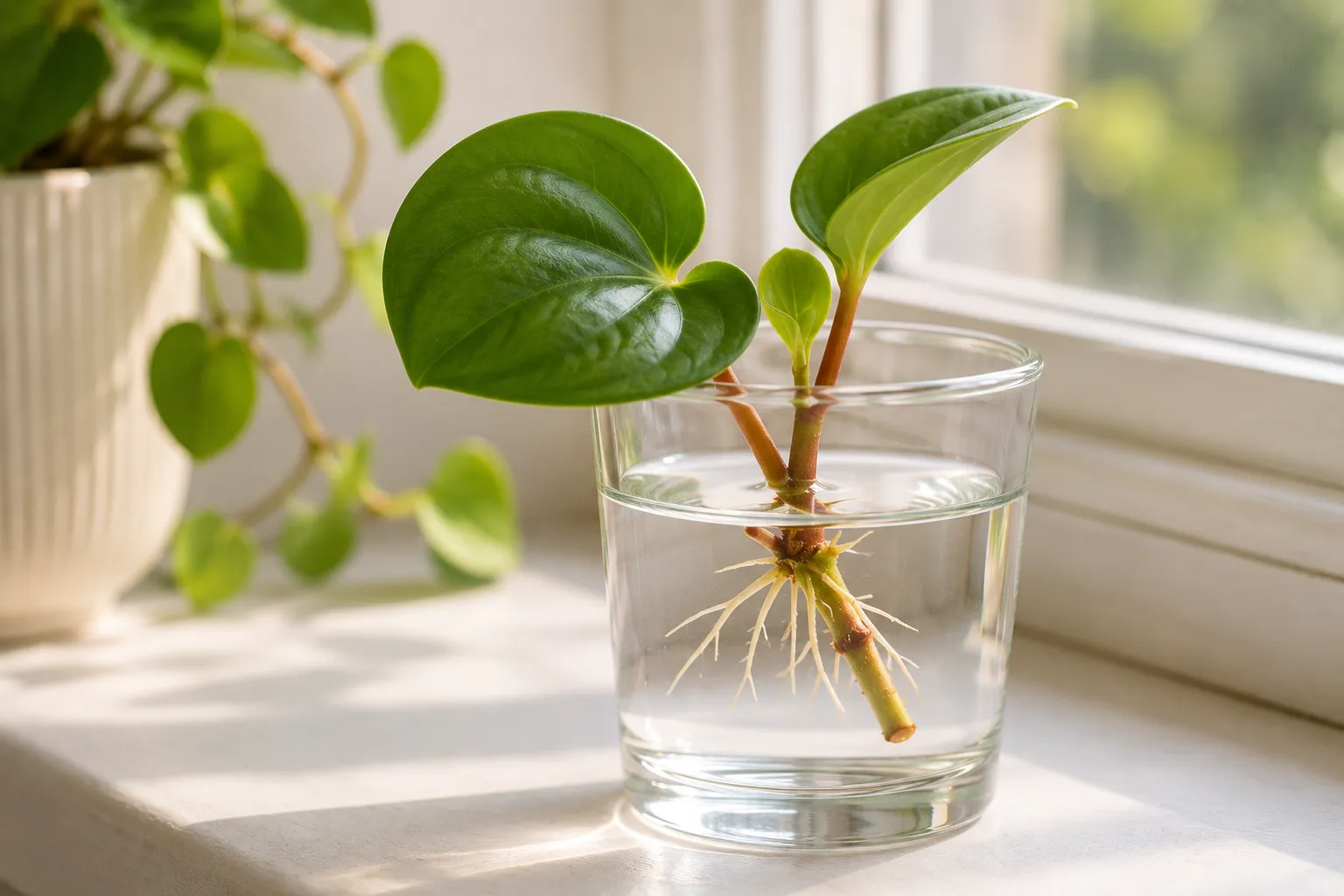 Esqueje de peperomia enraizando en un vaso de agua en la ventana