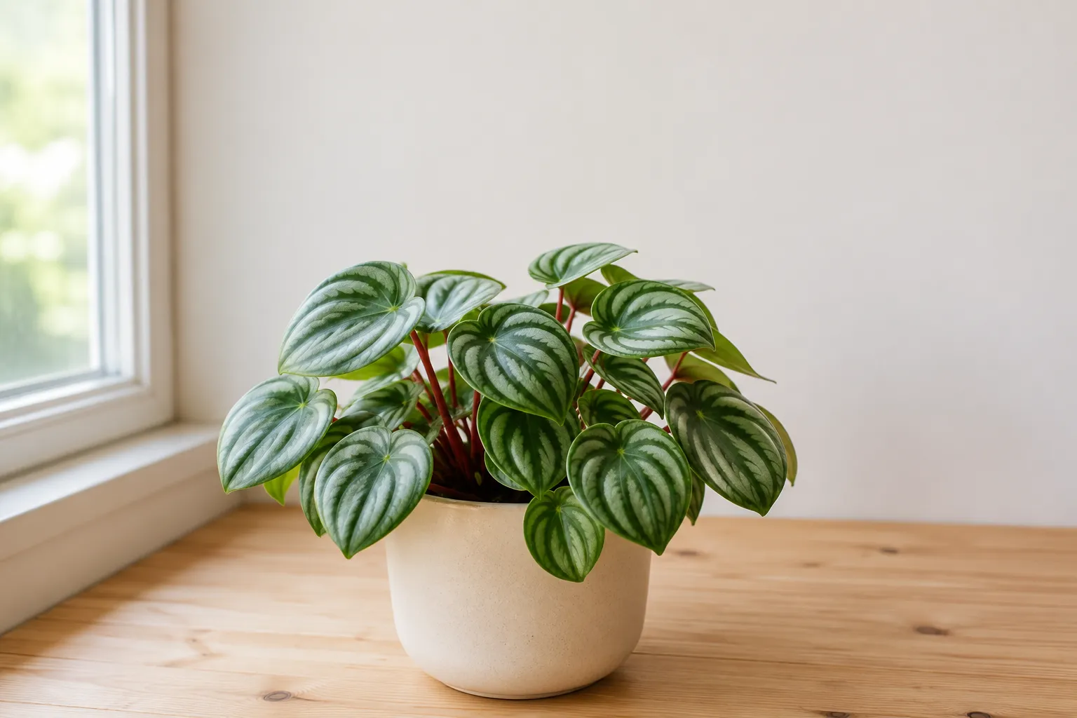 Peperomia sandía (Peperomia argyreia) sana en una maceta clara junto a una ventana