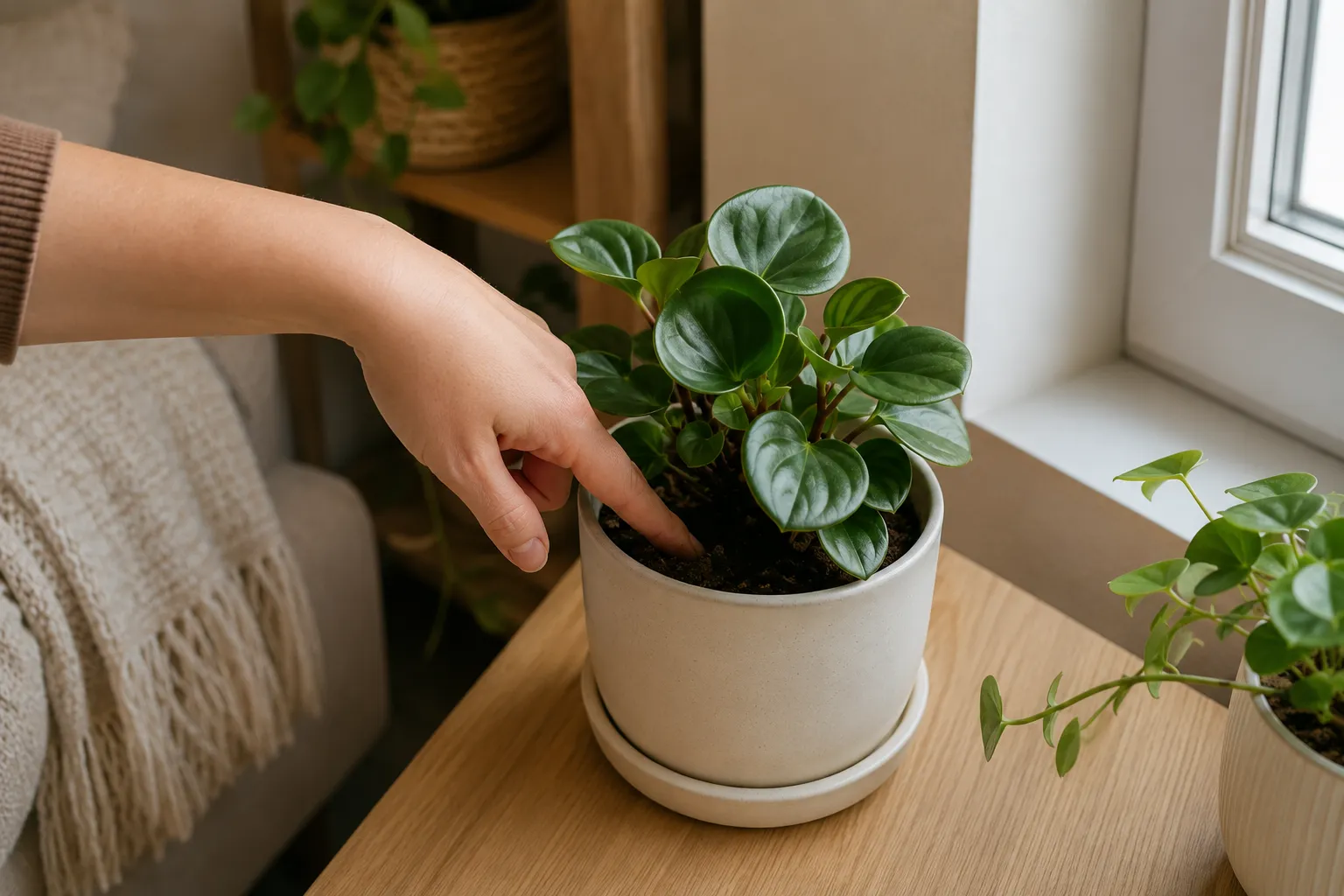 Comprobando con el dedo la humedad de la tierra de una peperomia en luz indirecta