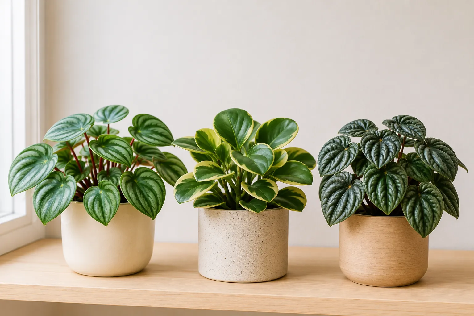Tres variedades de peperomia juntas: sandía, obtusifolia variegada y caperata ondulada
