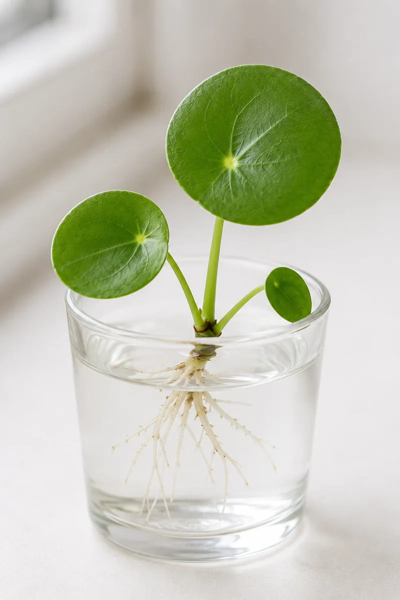 Hijuelo de Pilea recién separado, enraizando en un vaso de agua.