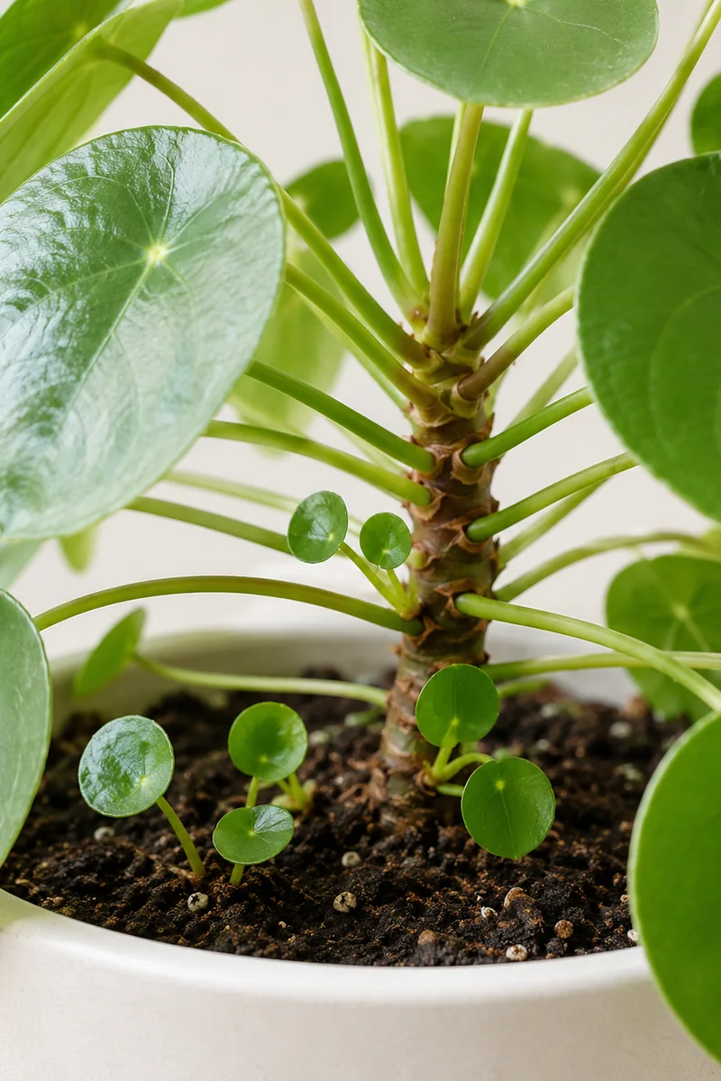 Pilea madre con varios hijuelos saliendo de la tierra y del tallo, listos para separar.