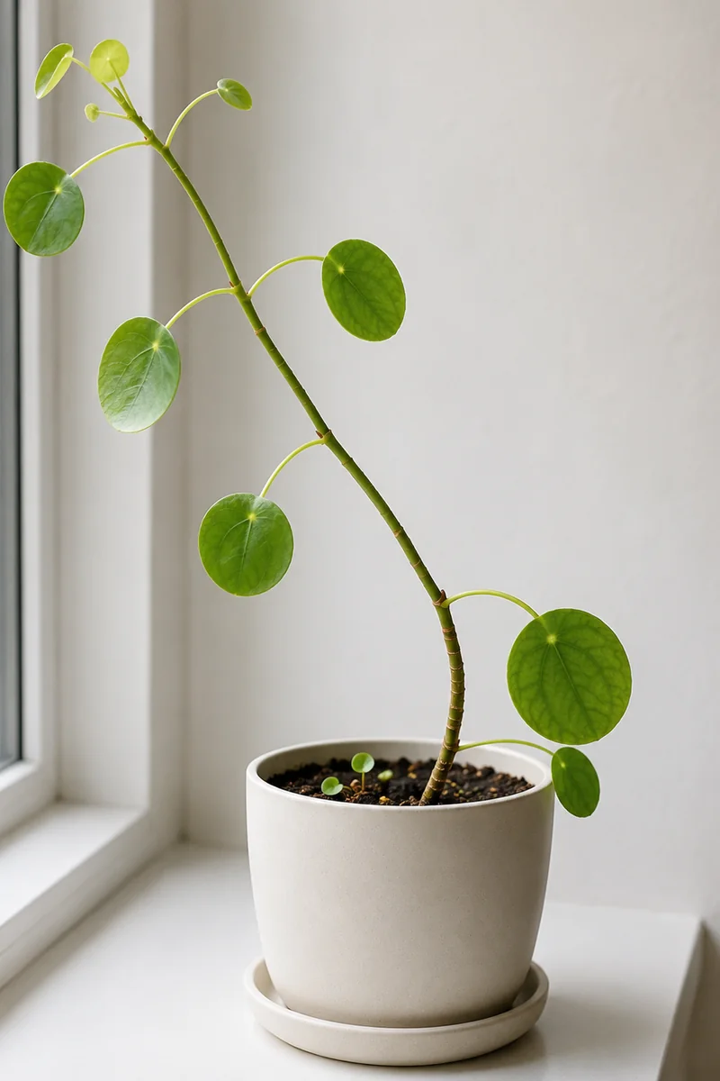 Pilea estirada por falta de luz, con el tallo largo y mucho hueco entre hojas, inclinada hacia la ventana.