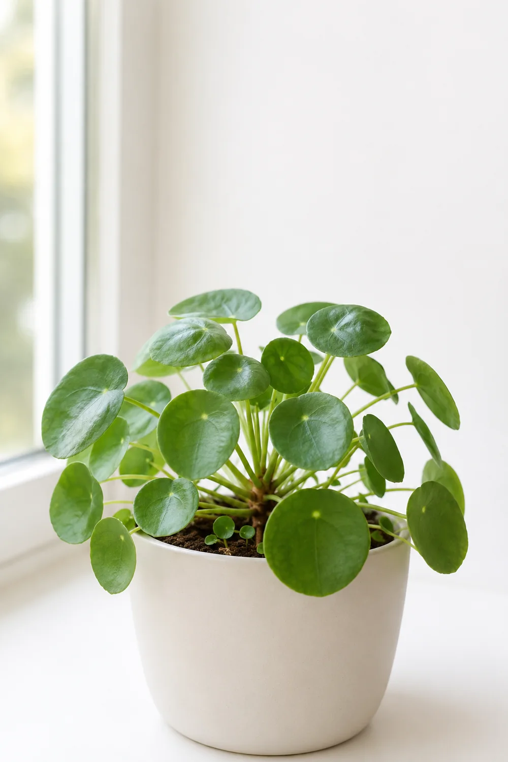 Pilea peperomioides sana junto a una ventana, con hojas redondas y varios hijuelos en la base.