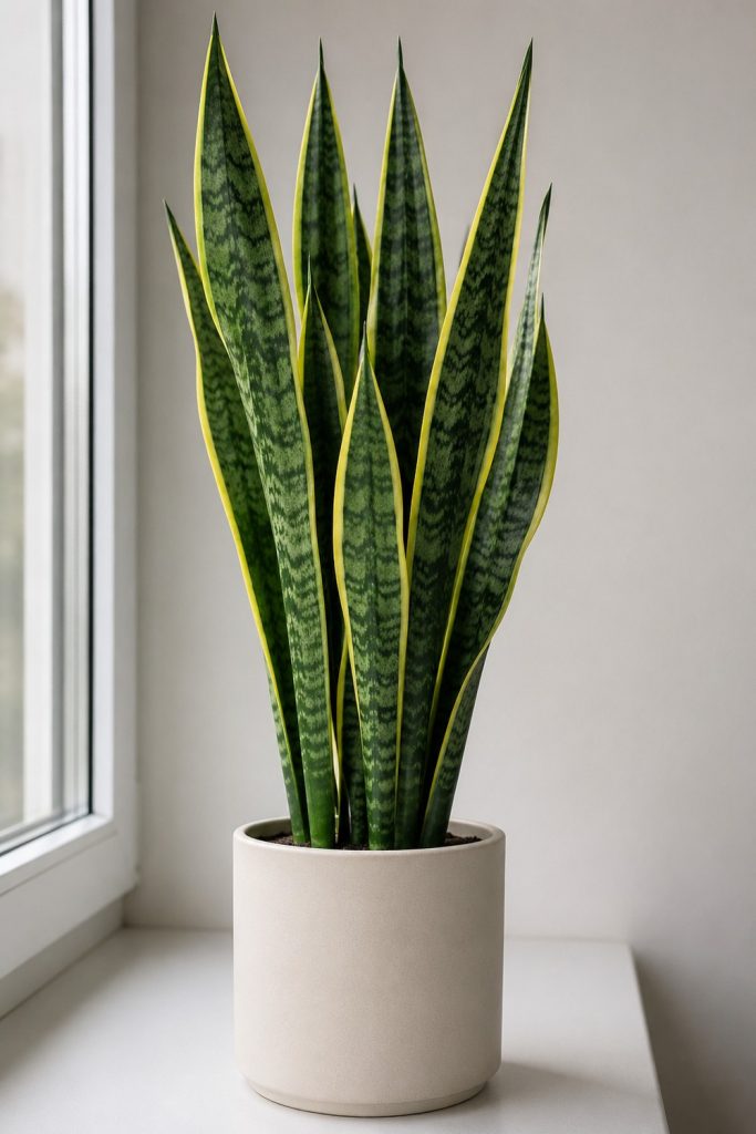 Sansevieria sana y erguida en maceta junto a una ventana de una casa