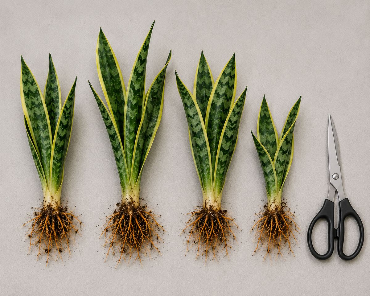 Divisiones de sansevieria con sus raíces naranjas listas para replantar