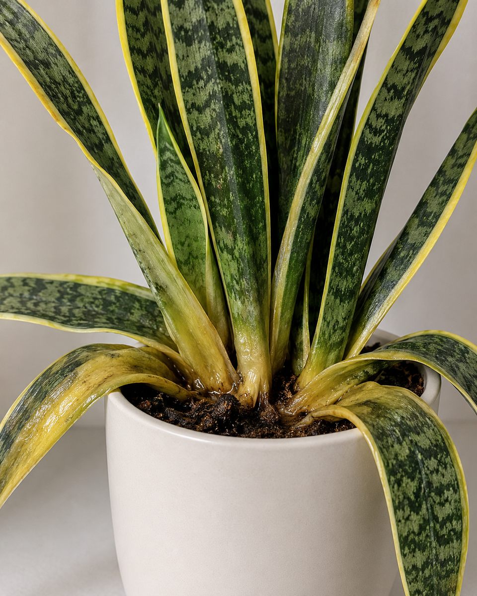 Hojas de sansevieria blandas y amarillas por la base por exceso de riego