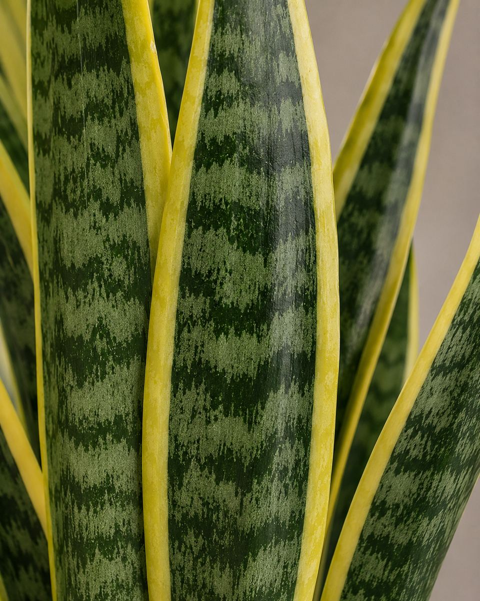 Detalle de hoja de sansevieria Laurentii con los bordes amarillos