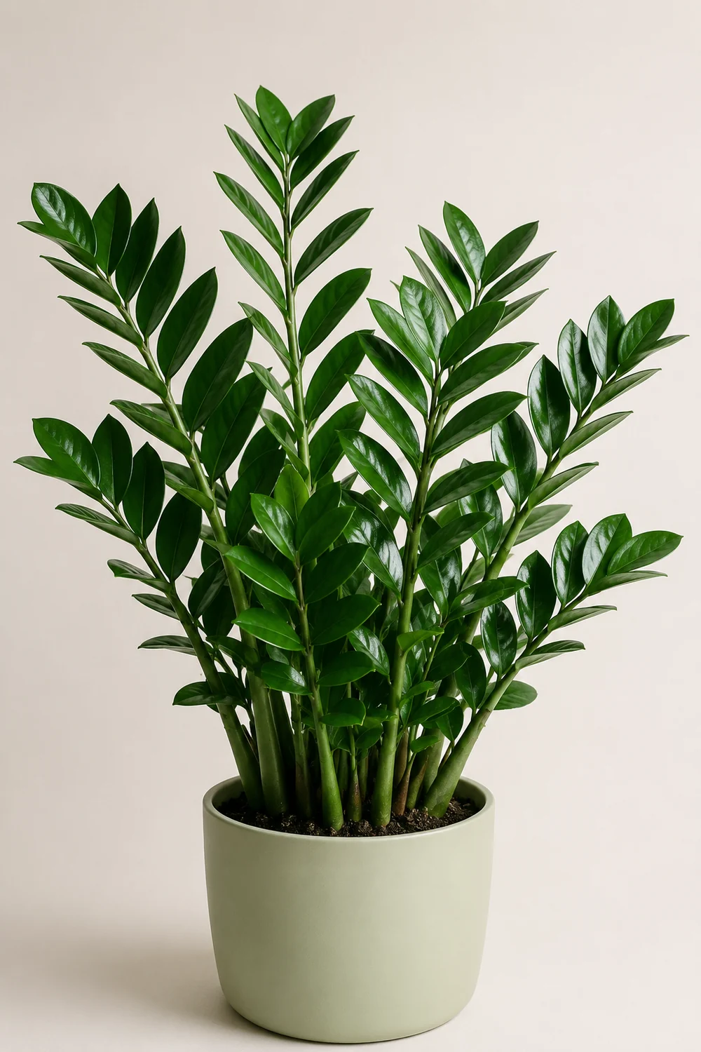 Planta zamioculca (ZZ) sana con hojas verdes y brillantes en una maceta sencilla