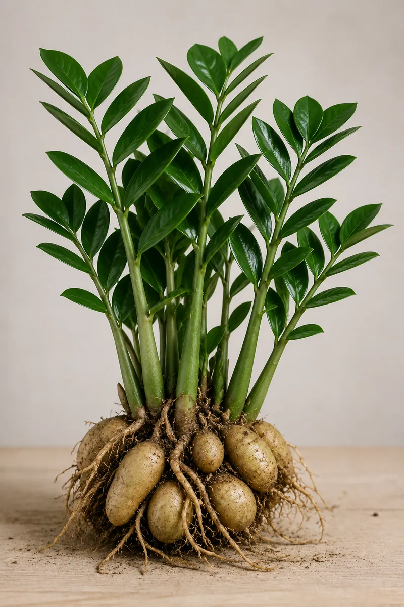 Rizoma carnoso de la zamioculca fuera de la maceta, donde la planta almacena agua